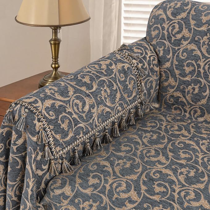 Loom and Mill Chenille Sofa Arm Covers 2 PCS, Blue-Grey+Khaki, 20x24in | Elegant Acanthus Jacquard Couch Armrest Cover with Tassels, Non-Slip Furniture Protector for Chair Sofa Recliner Couch Dogs - Image 2