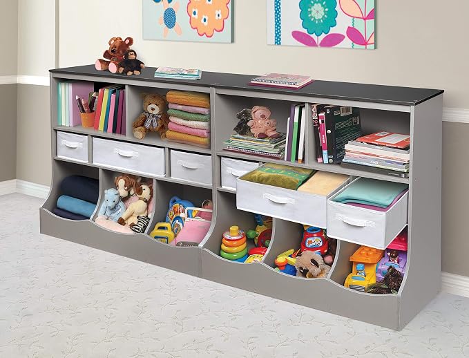 Badger Basket Combo Toy Storage Organizer and Bookshelf - Kids Storage Unit with 3 Removable Baskets, Open Shelves, Top Display Surface - Woodgrain and Gray - Image 9