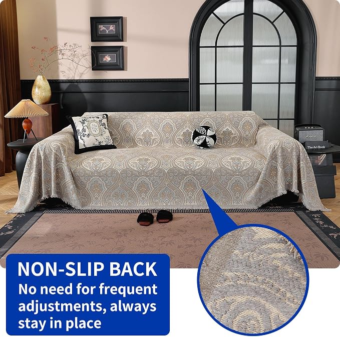 Vintage Couch Covers for Sofa Washable Sofa Covers for 3 Cushion Couch Non Slip Couch Covers for sectional Sofa Chenille Jacquard Furniture Protector for Dogs Pet Friendly Grey, 71"x118" - Image 2