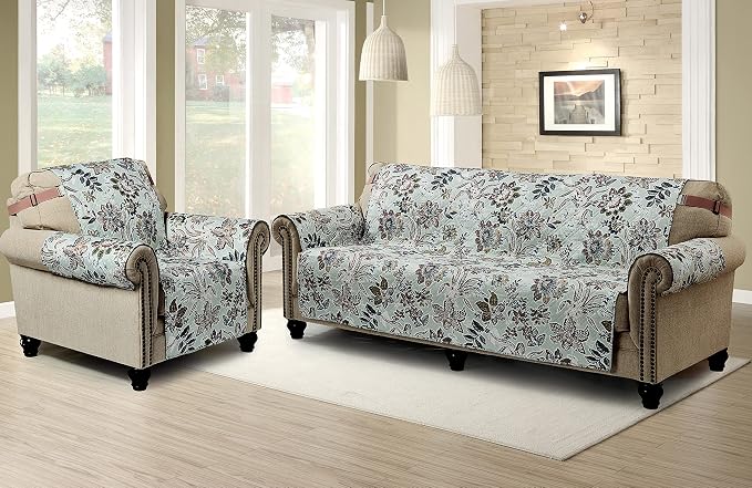 Brilliant Sunshine Green Vintage Flowers Couch Armchair Cover, 23" seat | Non Slip Sofa Cover, Quilted Furniture Protector, Washable Chair Slipcover for Pets, Dogs & Cats - Image 6