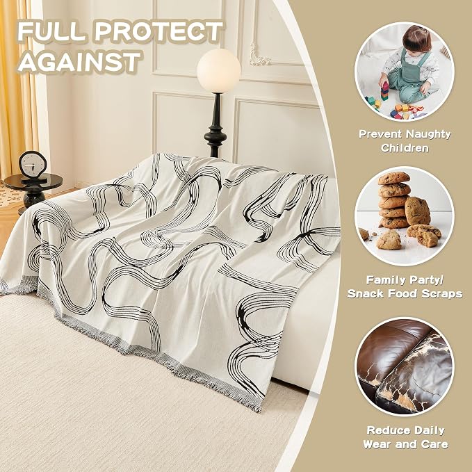 MEETSKY Boho Couch Cover Sofa Covers, Chenille Black Line Couch Covers for 2 Cushion Couch Sofa for Dogs, Washable Slipcover for Cat Sofa Protector with Tassels,71" x 118" - Image 4