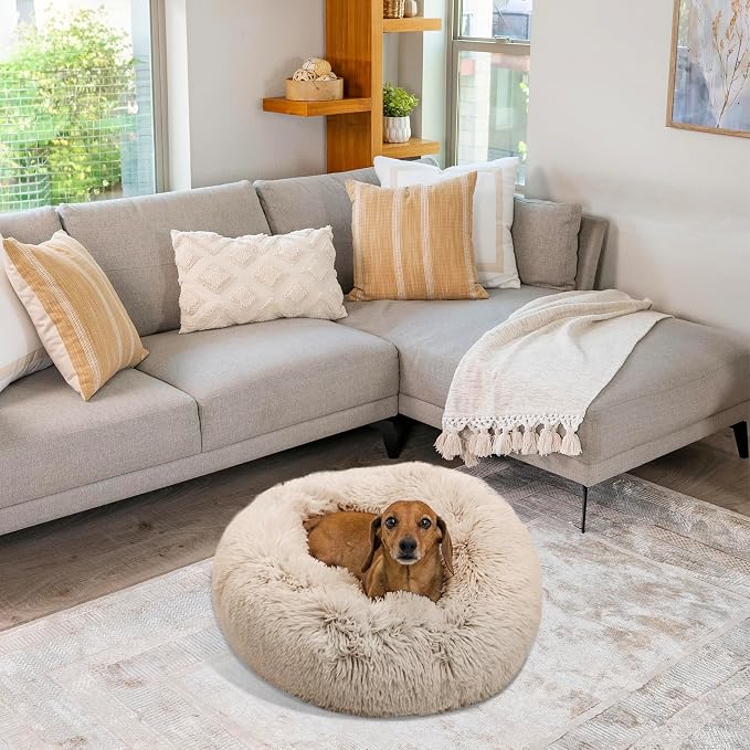 Best Friends by Sheri The Original Calming Donut Dog Bed for Small Dogs up to 25 lbs, Shag Faux Fur, Taupe, 23" x 23" - Image 7