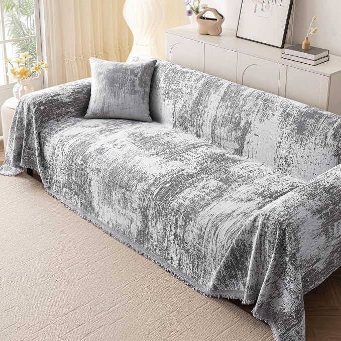 hyha Couch Cover for Dogs, Boho Chenille Sofa Cover for 3 Cushion Couch | Anti-Scratch Washable Sofa Slipcover, Loveseat Sectional Couch Throw Blankets with Tassels (Dark Grey/White, 71x150 Inch) - Image 2