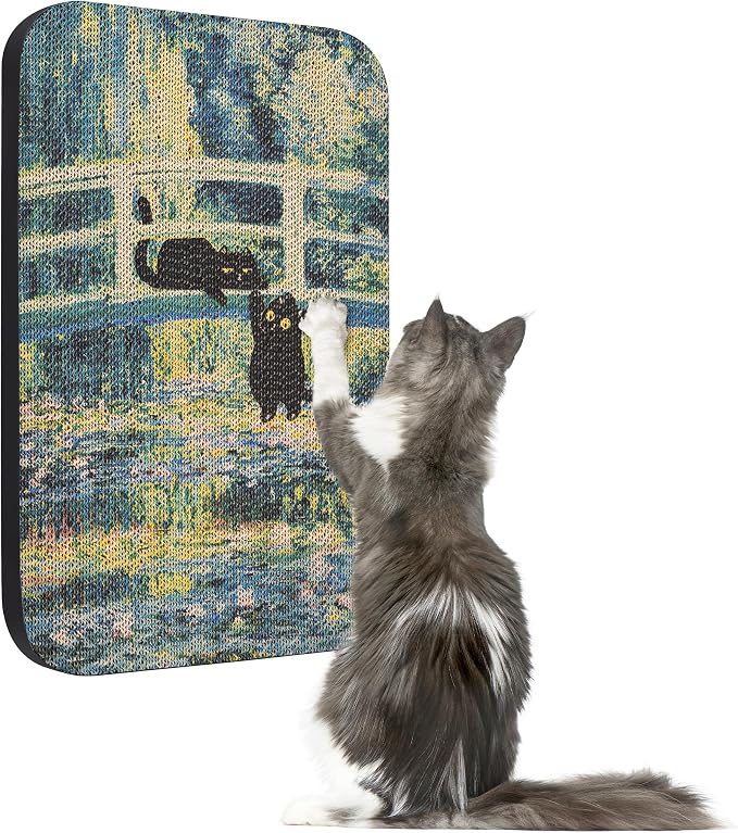 Cat Wall Scratcher, Art Cat Scratching Board for Indoor Cats | Wall Mounted Cat Scratch Pad, Water-Based Ink, Hook&Loop Strips, Floor or Wall Use, 16.7x11x1 Inch, Lily Pond Bridge by LESISSMER
