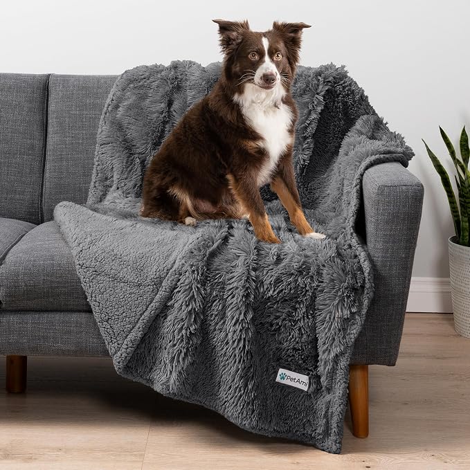 PetAmi Waterproof Dog Blanket for Couch, Bed & Furniture,Reversible Sherpa & Faux Fur Pet Blanket, Leakproof Blanket for Dog Cat, Washable Couch Protector, Soft Calming Pet Throw (40x60, Gray) by PetAmi