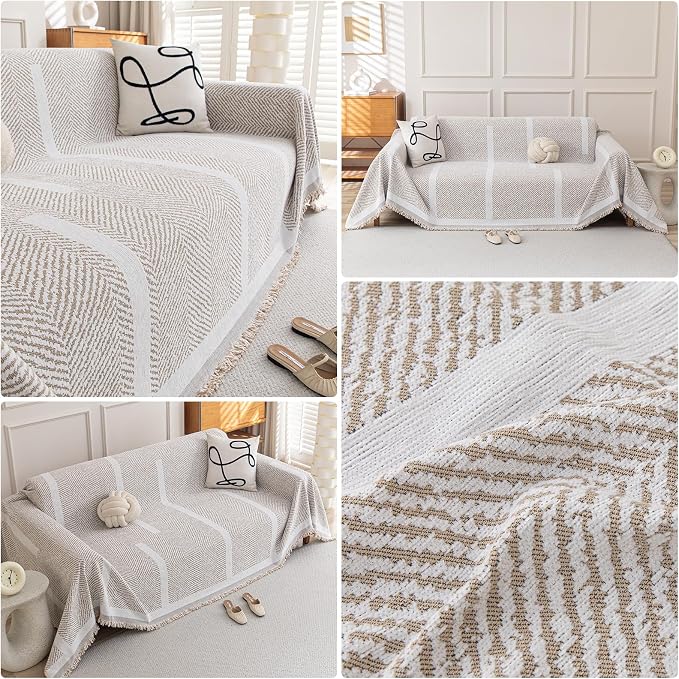 Deep Dream Boho Couch Cover for Dogs, Soft Chenille Couch Covers for 3 Cushion Couch, Thick Sofa Slipcover Sofa Cover WashableCouch Protectors for Pets (Herringbone Light Brown, 71"x102") - Image 3
