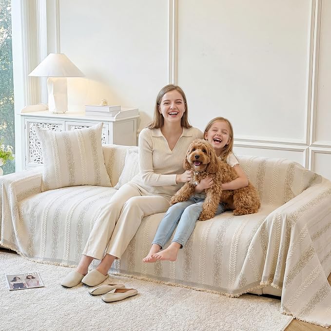 Couch Cover for Dogs Washable Sofa Cover, Sectional Couch Covers, Sofa Covers for 2 Cushion Couch, Non Slip Stripe Sofa Slipcovers Furniture Protector (Beige, 71x134) - Image 9
