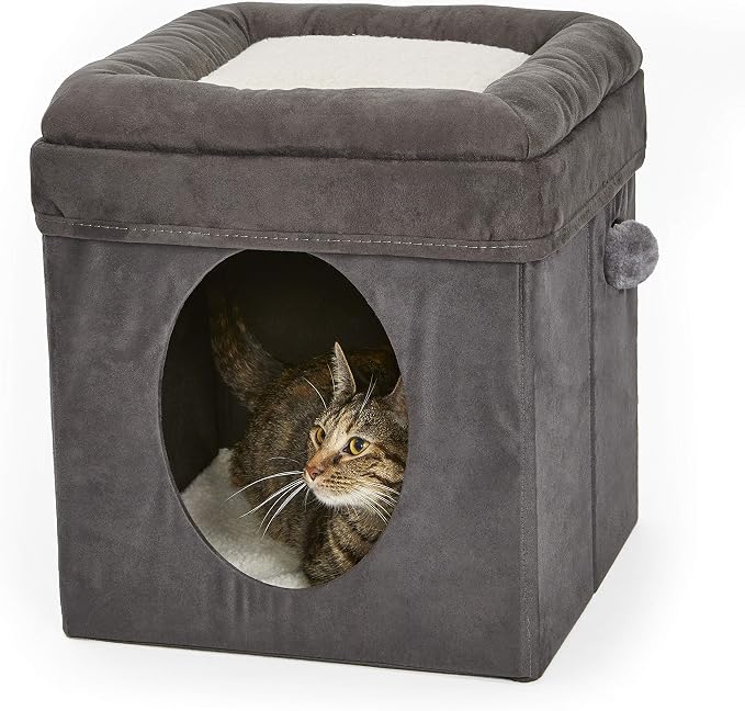 MidWest Homes for Pets Cat Cube, 15.5 x 15.5 x 16.6 Inches, Foldable Cat Hideout with Toy, Bolstered Bed Top, Faux Gray Suede, Synthetic Sheepskin Bedding - Image 2
