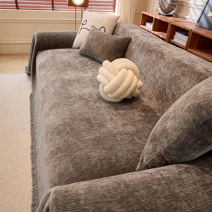 Solid Chenille Couch Cover for Dog Dark Grey Throw Style Sofa Cover | Non Slip Washable Sofa Slipcover for L-Shaped Sofa, 3-4 Cushion Couch, Lounge Chaise, Bottom Tassels, XX-Large, 71"x150" - Image 2