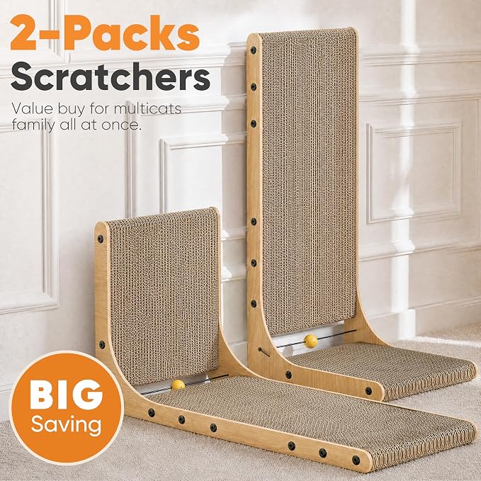 FUKUMARU Cat Scratcher 2 Packs, 25 Inch Cat Scratching Boards, L Shaped Pad | Cardboard Cat Scratcher for Indoor Cats, Vertical Scartch Pads with Ball Toy, Kitten Scratching Post Wall, Wood Color - Image 2