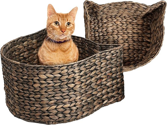 BSK4001B-2SET Feliz Cat-Shaped Hand Woven Water Hyacinth Nesting Pet Toy Organizer Baskets, Cay Storage Box for Living Room, Brown (Set of 2) by THELICKERSTORE