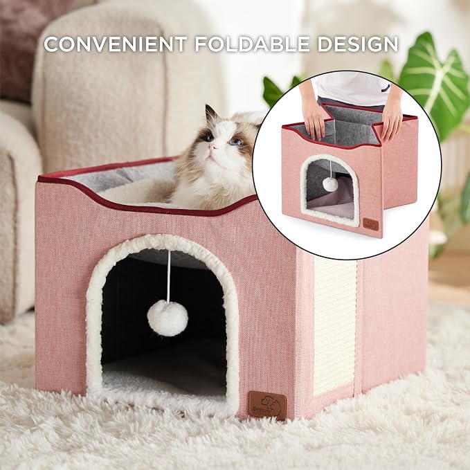Bedsure Cat Beds for Indoor Cats - Large Cat Cave for Pet Cat House with Fluffy Ball Hanging and Scratch Pad, Foldable Cat Hideaway,16.5x16.5x13 inches, Pink | 16.5x16.5x13 in,Large Cat Cave for Multiple Pets,Foldable Cat Hideway Cube for Sleeping Kitten - Image 4