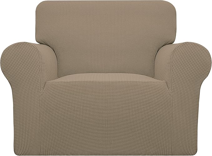 Easy-Going Stretch Chair Sofa Slipcover 1-Piece Couch Sofa Cover Furniture Protector Soft with Elastic Bottom for Kids, Pet. Spandex Jacquard Fabric Small Checks (Chair, Natural) | 1-Piece Couch Sofa Cover Furniture Protector for Living Room Soft with ... by Easy-Going