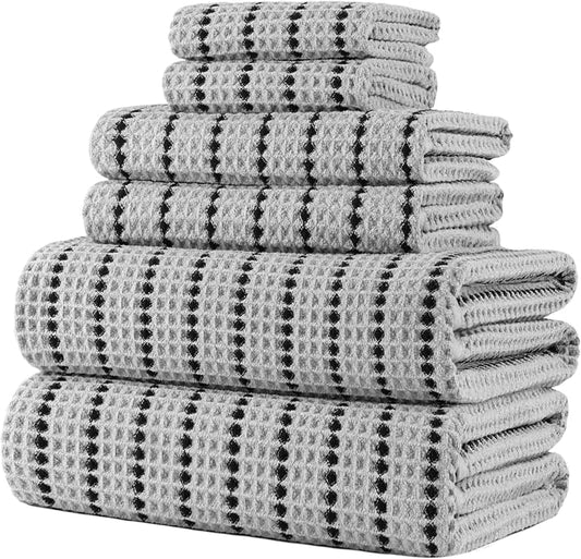 POLYTE 430 GSM Microfiber Quick Dry Lint Free Oversize Bath Towel Set, 6 Piece (Waffle Weave) by Polyte