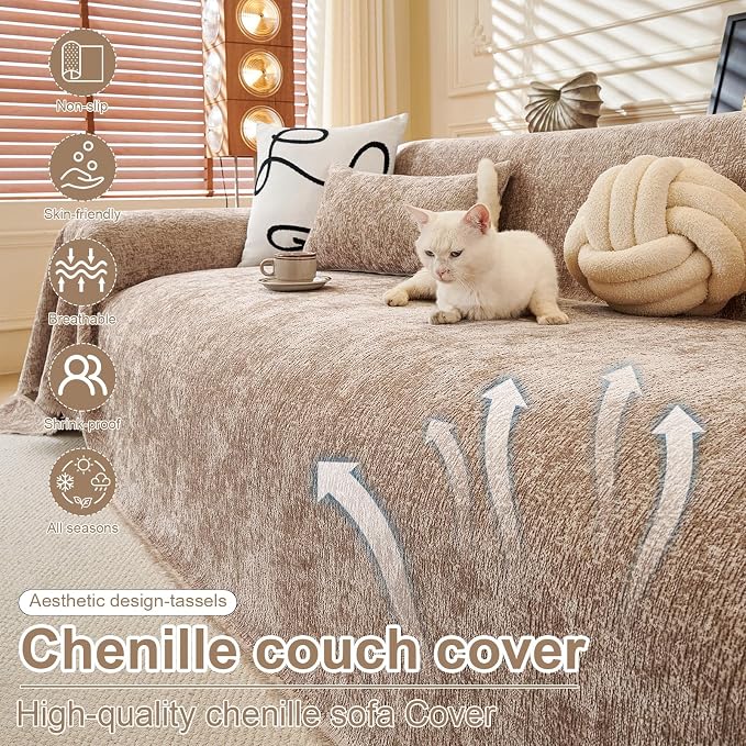 ROOMLIFE Boho Couch Covers for Sofa Washable for 3 Cushion Couch, Chenille Furniture Protector Sofa Couch Cover for Dogs, Soft Breathable Sofa Slipcover, Couch Throw Blankets with Tassels 71''X134'' - Image 2