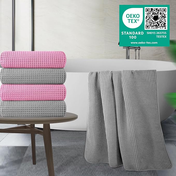 POLYTE 430 GSM Microfiber Oversize Quick Dry Lint Free Bath Towel, 60 x 30 in, 4 Pack (Waffle Weave) - Image 2