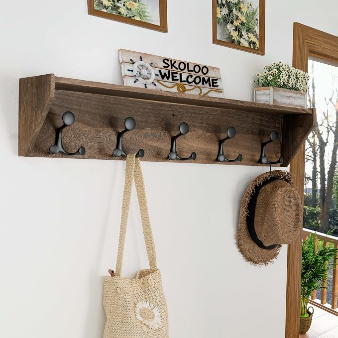 SKOLOO Wall Shelf with Hooks, 35-Inch Weathered Brown Wall Mounted Coat Rack with Shelf Organizer - Lightweight & Sturdy​​, 5 Tri Hooks - Perfect for Entryway, Hallway, Living Room, Bedroom, Mudroom - Image 4