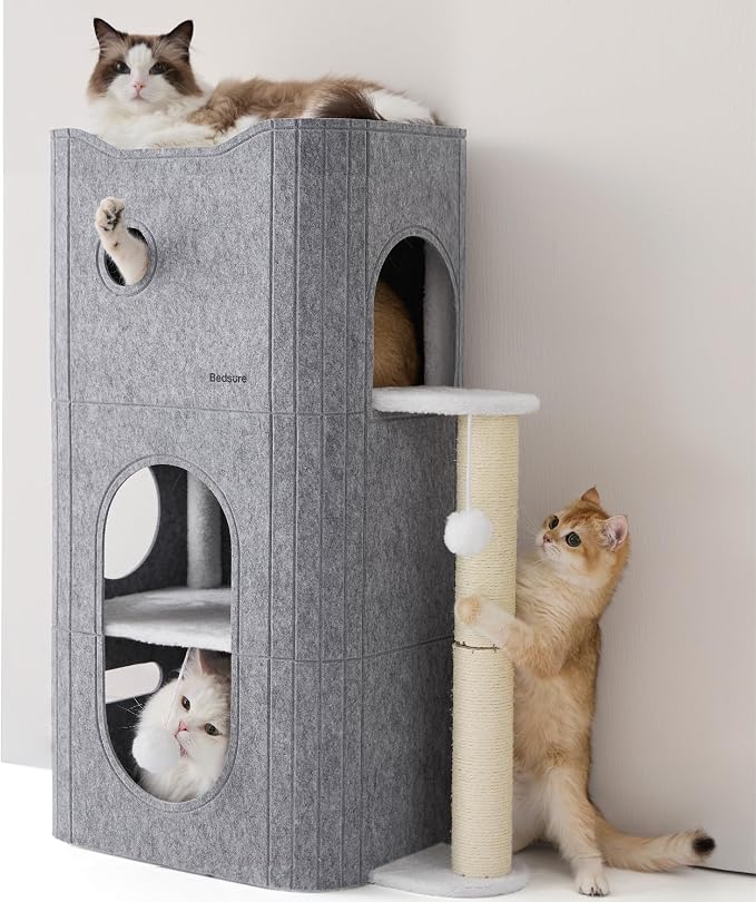 Bedsure 3-Level Cat Tree for Indoor Cats with Scratching Post,Grey | 22.5x31.5x13in,Cat Bed Condo for Multiple Pets with Fluffy Ball,Hideaway Cave for Kitten to Sleeping Play - Image 7