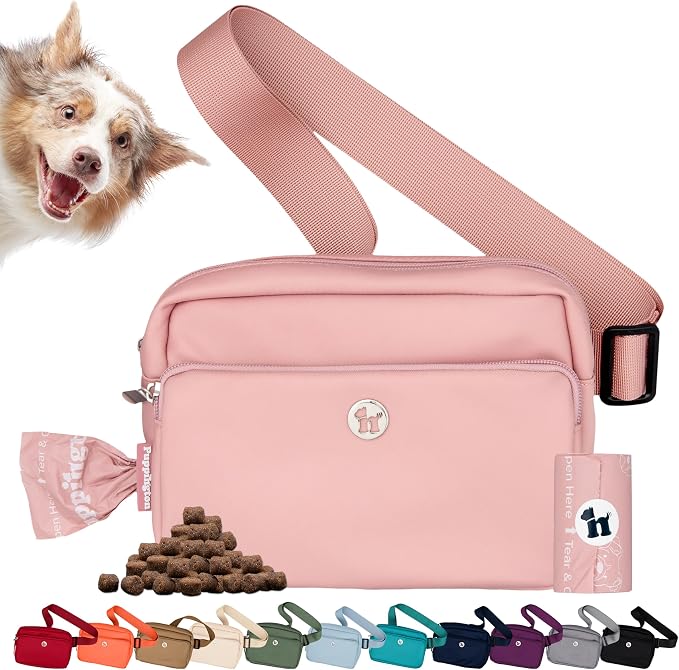Puppington 3-in-1 Crossbody Dog Walking Bag & Treat Pouch with Matching Planet Safe Poop Bags & Built-In Dispenser - Zippered Pockets (Blush Pink) by Puppington