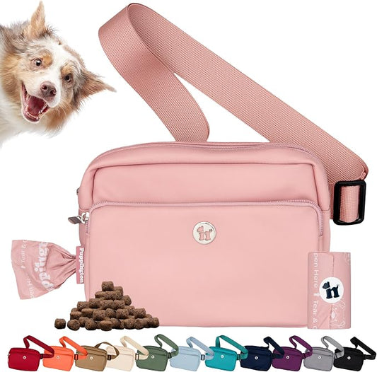 Puppington 3-in-1 Crossbody Dog Walking Bag & Treat Pouch with Matching Planet Safe Poop Bags & Built-In Dispenser - Zippered Pockets (Blush Pink) by Puppington
