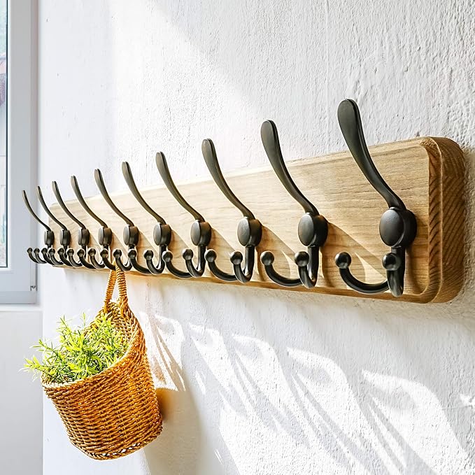 Dseap Coat Rack Wall - Heavy-Duty 38-1/4" Long, with Reinforced 10 Custom Tri-Hooks, Solid Wood Wall Hanger for Coats Hat Jackets - Rustic Farmhouse Entryway Storage,Weathered Brown & Black,Pack of 2 - Image 6