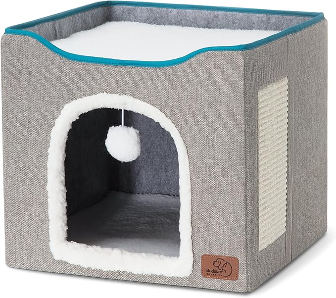 Bedsure Cat House Bed for Indoor Cats with Fluffy Ball and Scratch Pad,Grey | 16.5x16.5x13 in,Large Cat Cave for Multiple Pets,Foldable Cat Hideway Cube for Sleeping Kitten - Image 4