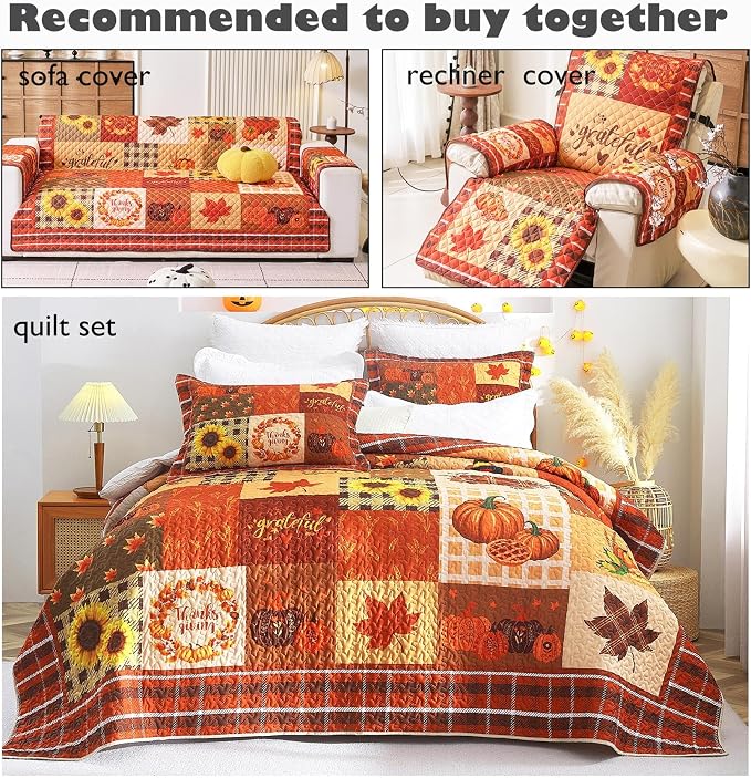 Cmfshape Thanksgiving Sofa Slipcover-Orange Checkered with Pumpkin,Pet Friendly Couch Covers for 3 Cushion Sofa,Washable Sofa Protector for Holiday,Anti-Slip with Elastic Band - Image 5
