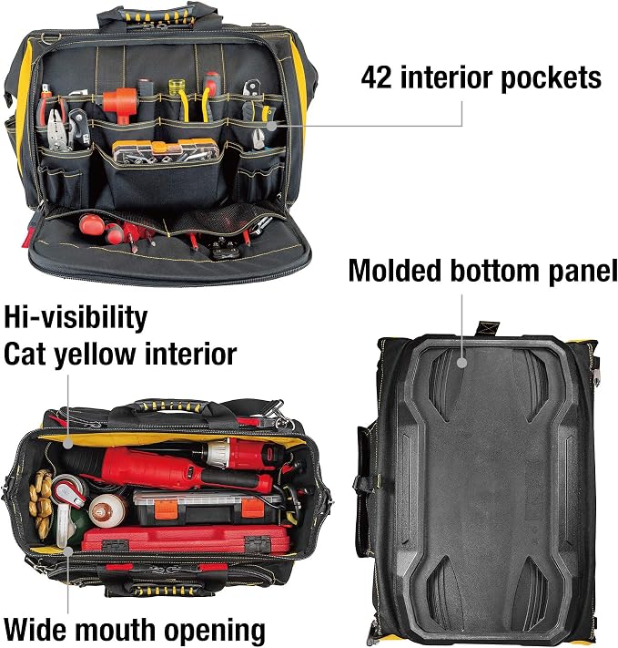 Cat 18-Inch Pro Tool Bag with 56 Pockets, Wide Mouth Opening, Molded Base, Hi-Vis Interior, and Shoulder Strap – Heavy-Duty 1680D Polyester Construction - 240051 - Image 3