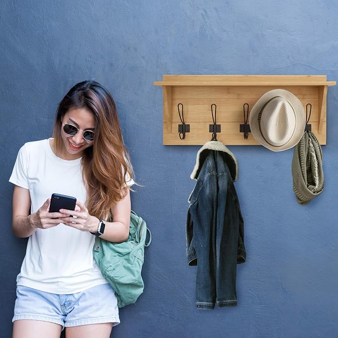 HBCY Creations Rustic Wall Mounted Coat Rack with Shelf - Solid Wood 24" Entryway Shelf with 5 Coat Hangers. Perfect Touch for Your Entryway, Mudroom, Kitchen, Bathroom and More, Bamboo - Image 8