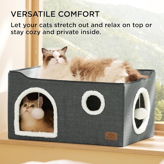 Bedsure Extra Wide Cat House Bed with Fluffy Ball and Scratch Pad | Dark Grey 23.6x16.9x13 in,Indoor Cat Cave for Multiple Pets, Foldable Cat Hideway Cube for Sleeping Large Cat and Kitten - Image 3