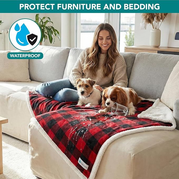 PetAmi Waterproof Dog Blanket for Couch, Large 60x40, Pee Proof Sherpa Fleece Reversible Pet Throw, Furniture Protector for Bed Sofa Kennel, Soft Washable Cover for Medium Dogs Cats, Plaid Red - Image 2