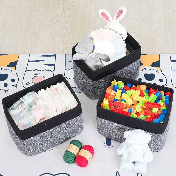 MINTWOOD Design 3-Pack Storage Baskets for Shelves, Playroom and Classroom Storage Basket, Book Basket, Decorative Storage Cube Bins, Woven Closet Organizers, Pantry and Shoe Organizer, Black Grey Mix - Image 5