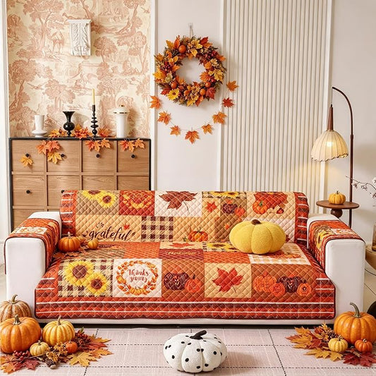 EVENHUG Fall Sofa Cover for Festival Home Decorations Thanksgiving Slipcover Furniture Protector Washable Couch Cover with Non Slip and Elastic Straps for Kids Pets Dogs (Sofa) by EVENHUG