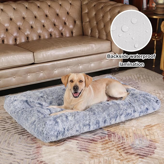 Bedfolks Plush Waterproof Dog Crate Bed, XXL Faux Fur Kennel Pad, 47"x29", Dark Blue - Image 2
