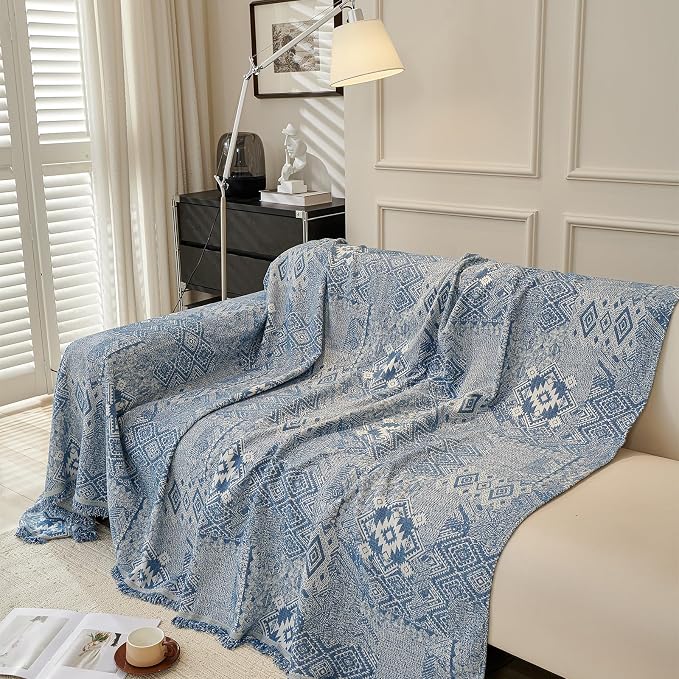 DREAMINGO Couch Covers for Sofa Boho Geometric Jacquard Vintage Sofa Covers 3 Seater Non Slip Chenille Furniture Protector for Dogs Pets Washable Sectional Couch Slipcovers, Blue, 71"x150" - Image 2