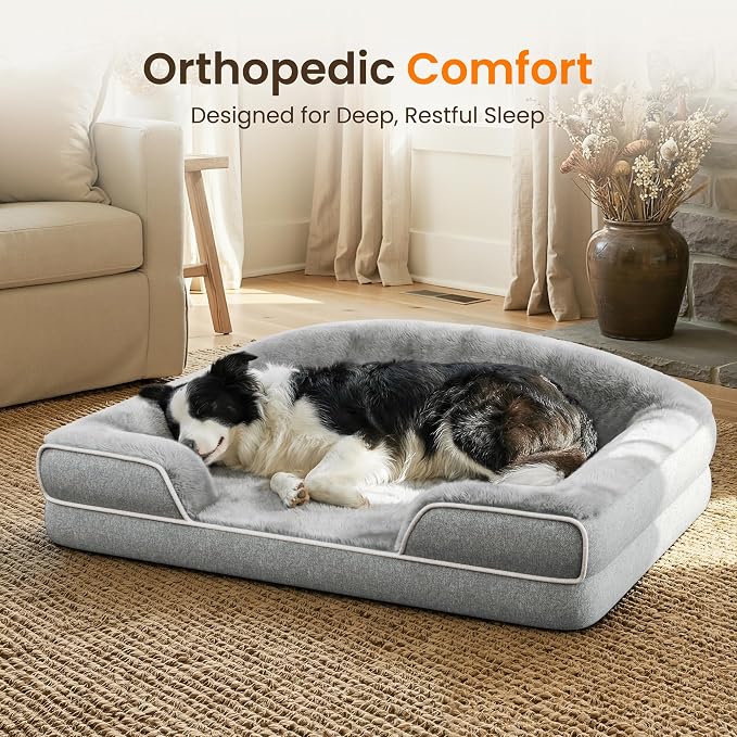 Orthopedic Dog Bed for Medium Dogs, 35"x25" Dog Couch Bed | Egg Crate Foam for Pressure Relief, Cozy Bolster Sofa Design, Waterproof Removable Washable Cover, Non Slip Bottom Light Grey - Image 2