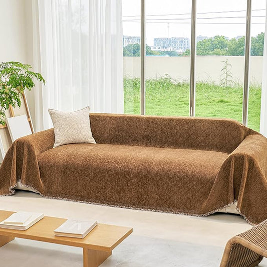 VANJOROY Oversized Couch Sofa Cover for 3-4 Cushion Sectional Sofa L-Shape -Washable Chenille Couch Cover for Dogs Pets, Couch Cover Protector Soft Sofa Slipcovers with Tassel,91"x 150" Brown by CHOOSEVANJOROYENJOYAMORECOMFORTABLEFEELING