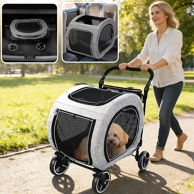 Pet Stroller for Dogs Cats up to 50 lbs, Foldable Dog Stroller with 360° Swivel Wheels, Detachable Carrier, Adjustable Handle, Travel Dog Stroller for Small Medium Large Pets, Gray