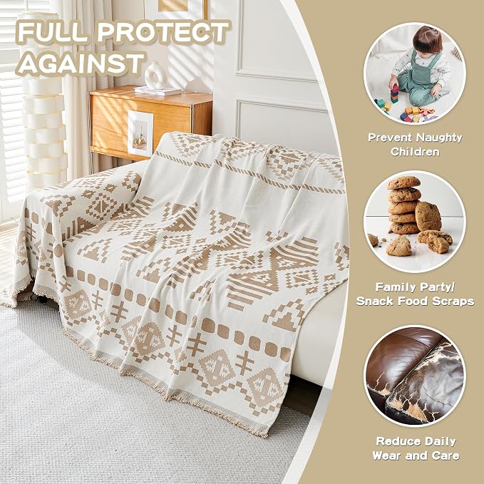 MEETSKY Boho Couch Cover Sofa Covers for Dogs，Decorative Soft Blend Washable Sofa Slipcovers Simply Put Sofa Throw Cover for Living Room, Khaki, 71" x 118" - Image 4
