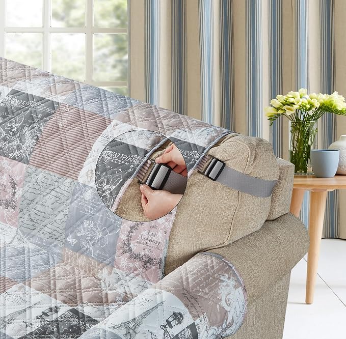 Brilliant Sunshine Latte Grey Paris & Toile Couch Armchair Cover, 23" seat | Patchwork Design, Non Slip Sofa Cover, Quilted Furniture Protector, Washable Chair Slipcover for Pets, Dogs & Cats - Image 6