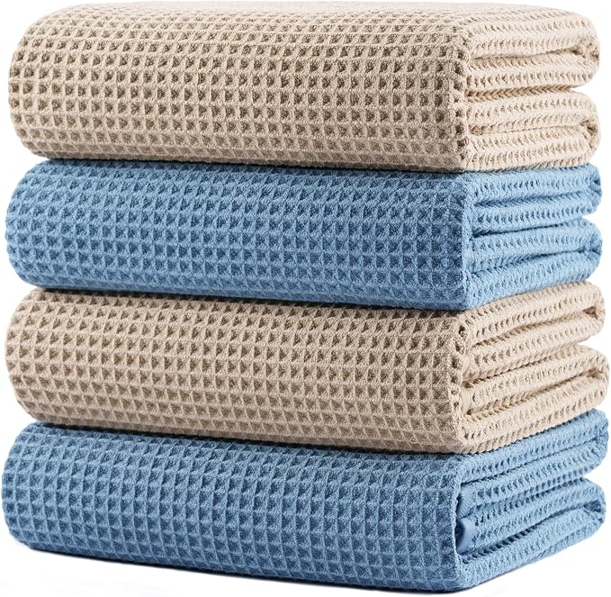 POLYTE 430 GSM Microfiber Oversize Quick Dry Lint Free Bath Towel, 60 x 30 in, 4 Pack (Waffle Weave) by Polyte
