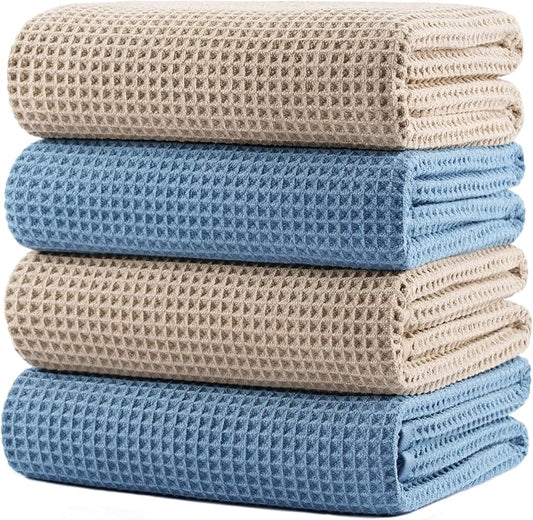 POLYTE 430 GSM Microfiber Oversize Quick Dry Lint Free Bath Towel, 60 x 30 in, 4 Pack (Waffle Weave) by Polyte