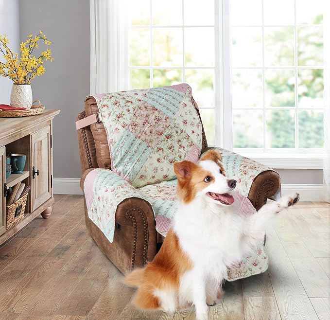 Brilliant Sunshine Pink & Green Roses Couch Recliner Cover, 28" seat | Non Slip Sofa Cover, Patchwork Design, Furniture Protector, Large Washable Reclining Chair Slipcover for Pets, Dogs & Cats by BrilliantSunshine