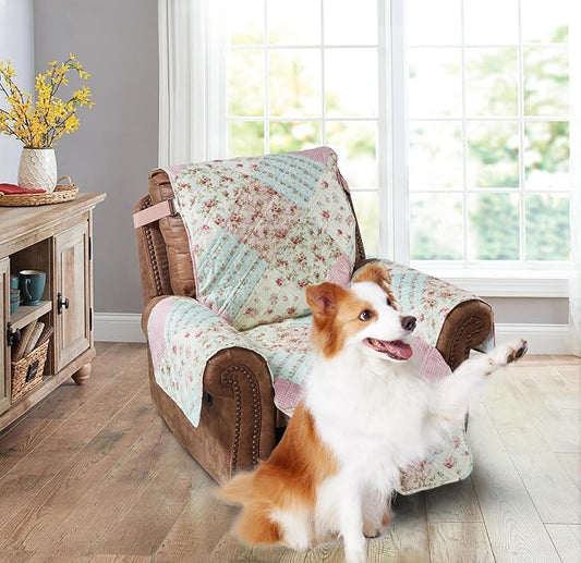 Brilliant Sunshine Pink & Green Roses Couch Recliner Cover, 28" seat | Non Slip Sofa Cover, Patchwork Design, Furniture Protector, Large Washable Reclining Chair Slipcover for Pets, Dogs & Cats by BrilliantSunshine