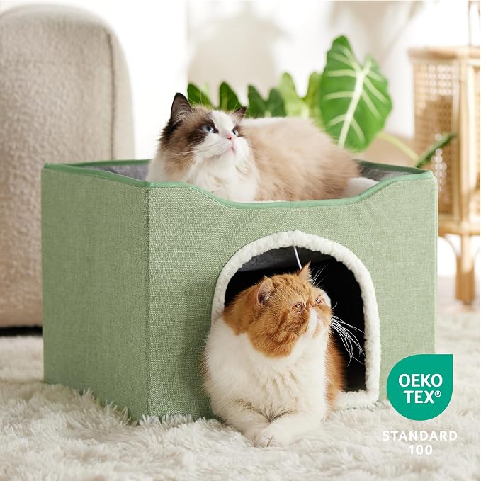 Bedsure Cat House Bed for Indoor Cats with Fluffy Ball and Scratch Pad | Green,16.5x16.5x13 in,Large Cat Cave for Multiple Pets,Foldable Cat Hideway Cube for Sleeping Kitten - Image 5