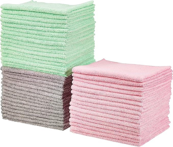 Amazon Basics Microfiber Cleaning Cloths, Ultra Absorbent, Scratch-Free, Non-Abrasive, Reusable and Washable, 16" x 12", Green/Gray/Pink, 48-Pack by AmazonBasics