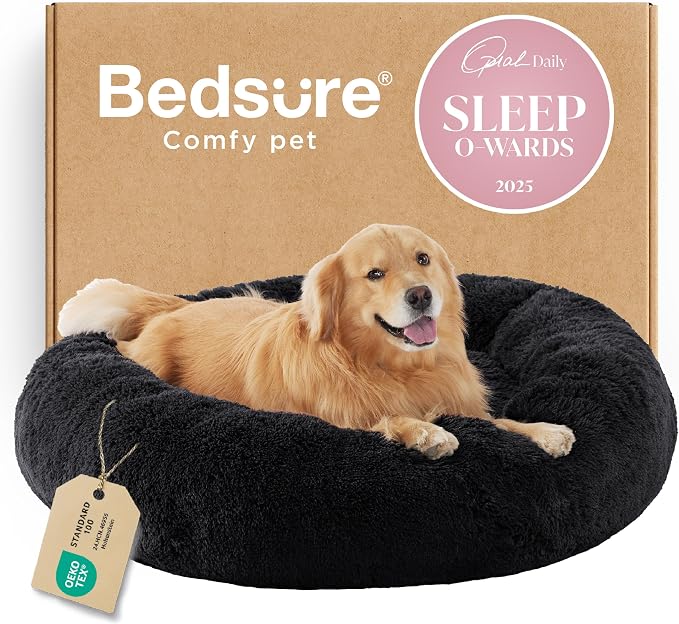 Bedsure Calming XL Dog Bed Donut Washable Extra Large Pet Bed,45ins Black | Fluffy Faux Fur Round Cuddler,Machine Washable,Anti-Slip Bottom,Anti-Anxiety,Deep Sleeping for Pets Up to 120 Lbs by Unknown