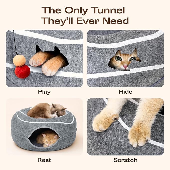 Peekaboo Cat Cave Donut - Cat Tunnel Bed for Indoor Cats – Cute Patterns Hideaway for Multiple & Large Cats, Scratch-Resistant (Dark Gray) - Image 3