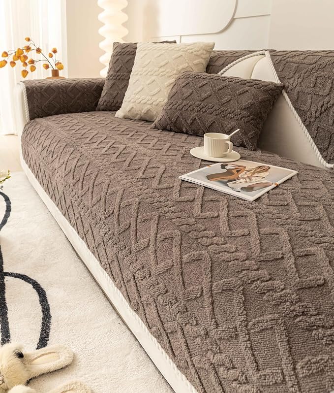 OTOB All Seasons Couch Covers for 3 Cushion Couch Sofa, Washable & Non Slip Geometric Jacquard Plush Sofa Slipcovers Pet Friendly Soft Furniture Cover Protector, 1 Piece (Chocolate, 27.6"x70.9") by OTOB