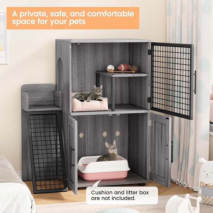 IDEALHOUSE Modern Cat Litter Box Enclosure with Platform, Double Layer Hidden Litter Box, Indoor Washroom, Villa Cat House with Ladder, 33.5" l x 17.9" w x 41.9" h,Dark Grey - Image 2